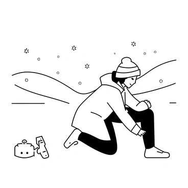 A person wearing a thick winter coat, insulated pants, and a knitted hat, is seated on the snow-covered ground. They are leaning forward to perform a hamstring stretch, reaching towards their feet. Fluffy snowflakes are gently falling around them, creating a soft layer on the ground. In the background, snow-covered hills are visible, adding to the wintery scene. The person’s gloves are resting beside them in the snow.