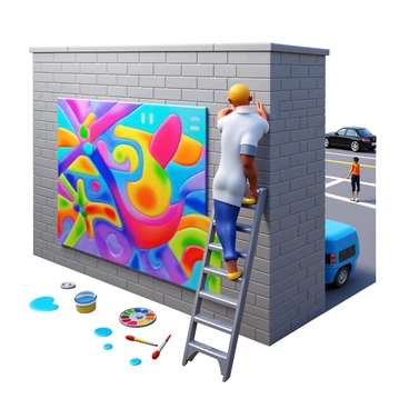 An artist is standing on a ladder, focused on painting a vibrant mural on the side of an urban building wall. The mural features bold colors, intricate patterns, and dynamic shapes. The building is constructed of gray brick, contrasting with the vivid hues of the mural. There is a paint palette and a variety of brushes scattered at the base of the ladder. Surrounding the artist are scattered drops of paint on the ground, showcasing the creative process. In the background, there are hints of city life, such as parked cars and pedestrians observing the artwork.