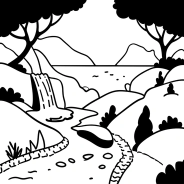 A hidden waterfall tumbling down rugged rocks, creating a mist as the water crashes into a small creek below. The creek meanders through lush greenery, leading to the expansive surface of Lake Como in the distance. Overhanging branches frame the scene, and small pebbles line the banks of the creek, adding texture to the landscape. The sound of rushing water fills the air, creating a tranquil atmosphere in this natural setting.