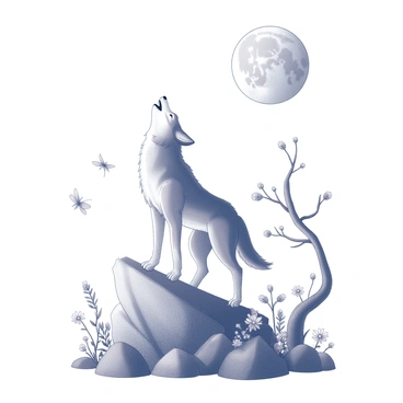 A wolf standing on a rocky outcrop, its head lifted as it howls. The moon above is large and intricately detailed, casting a soft light on the scene. Surrounding the wolf are various whimsical creatures, such as fairies with delicate wings and small, playful sprites. The landscape is filled with detailed foliage, including twisting trees and scattered flowers that create a sense of enchantment. The atmosphere is filled with a sense of wonder and mystery.