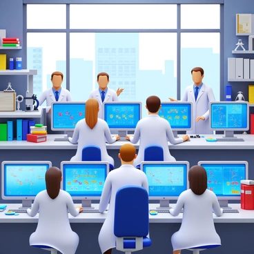 A group of scientists analyzing genetic data on computers in a modern UK research facility. The scientists are wearing white lab coats and are focused on multiple computer screens displaying colorful genetic sequences and data visualizations. The room is equipped with advanced laboratory equipment including microscopes and DNA models. Large windows let in natural light, illuminating the workspace filled with books and research papers. One scientist is typing on a keyboard while another points at a screen, discussing their findings.