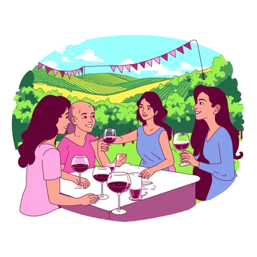 A vibrant scene of a wine festival is depicted. In the foreground, several people are engaged in tasting different wines, holding glasses filled with various shades of red and white. They are animatedly discussing the flavors and aromas, with smiles on their faces. In the background, lush green vineyards stretch across rolling hills, with rows of grapevines neatly aligned. Bright sunlight casts warm shadows, adding to the festive atmosphere. Decorative banners can be seen fluttering in the breeze, enhancing the cheerful setting of the event.