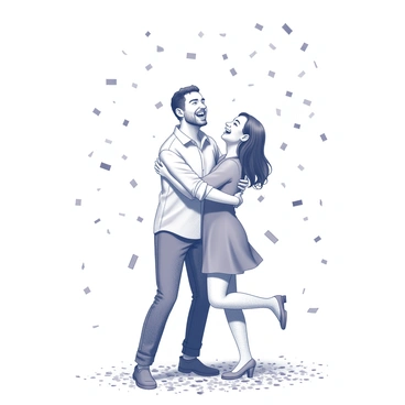 A joyful couple stands close together, surrounded by a shower of confetti. The confetti is falling from above, creating a dynamic scene. The couple is smiling widely, with their arms wrapped around each other in celebration. Their clothing is casual, with one partner wearing a light shirt and the other in a dress. The ground is covered in a layer of confetti, adding to the festive atmosphere. In the background, there are hints of a celebration, such as balloons or decorations.