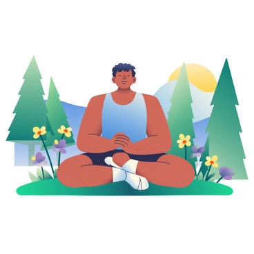 A runner with medium skin and short black hair is seated on a grassy patch, taking a moment to meditate. They are wearing a sky blue tank top and black running shorts. Surrounding the runner is a landscape filled with tall green trees and blooming wildflowers in shades of yellow and purple. The sun is setting, casting a warm golden light across the scene. In the background, there are rolling hills that fade into a soft blue sky. The runner's eyes are closed, and their hands rest gently on their knees.