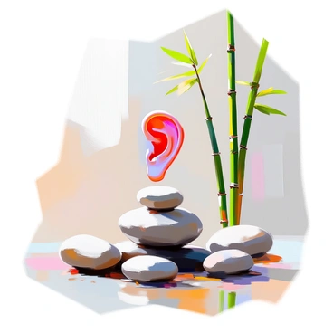 An ear prominently displayed in the center is surrounded by smooth, rounded stones of varying sizes and shapes. Tall, slender bamboo stalks are arranged around the ear, creating a natural frame. Delicate green leaves sprout from the bamboo, adding a touch of vitality to the scene. The stones vary in color, including soft grays and warm earth tones, enhancing the tranquil atmosphere. The composition focuses on the harmony between the ear and the zen elements, emphasizing a sense of balance and serenity.