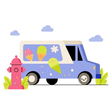 A colorful ice cream truck with a bright blue body and white, polka dot accents is parked beside a cheerful red fire hydrant. The truck features large, cartoonish images of ice cream cones and popsicles on the sides. The fire hydrant is shiny and has a smiling face painted on it. Green grass surrounds the area, and there are a few colorful sprinkles scattered on the ground near the truck. A clear blue sky with fluffy white clouds is overhead.