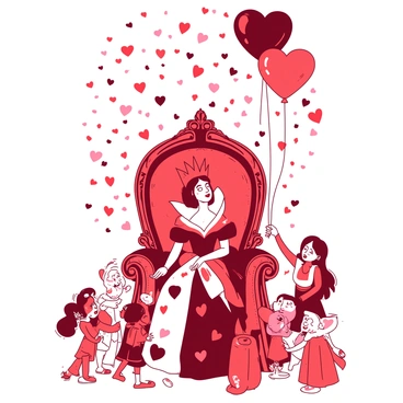 The queen of hearts is seated on an ornate throne decorated with intricate red and white patterns. She wears an elegant gown that flows elegantly, adorned with heart motifs in varying sizes. Above her, colorful confetti is cascading down in a vibrant display, contributing to the festive atmosphere. Surrounding her, there are several heart-shaped balloons floating gently in the air, some in red and others in white. A group of whimsical characters from Wonderland is mingling around the throne, engaged in cheerful conversation and laughter.