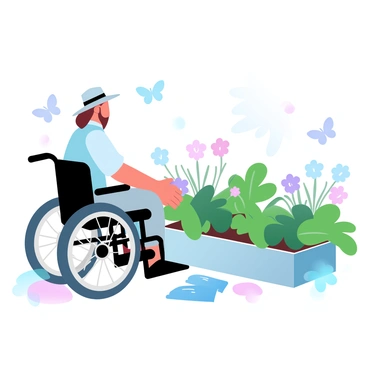 A person in a wheelchair is gently tending to plants in a raised garden bed. The wheelchair is equipped with comfortable seating and features large wheels for easy mobility. The raised garden bed is filled with vibrant green plants and colorful flowers, creating a lively scene. The person is wearing a light shirt and a sun hat to protect against sunlight. Gardening tools are neatly arranged beside the bed, and there are gardening gloves resting on the ground. A variety of butterflies are fluttering around, adding a touch of life to the scene.