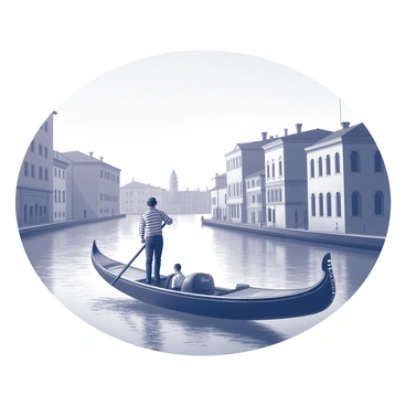 A gondola navigates through the winding canals of Venice. The boat is elegantly shaped, with a long, narrow hull and a beautifully curved prow. The gondolier, dressed in traditional attire, stands at the rear, skillfully maneuvering the oar. The surrounding buildings, characterized by their intricate architecture, are reflected in the water's surface. Dusk casts a soft glow over the scene, highlighting the silhouettes of the structures and the gentle ripples of the canal. "Venice" is etched on the side of the gondola, adding a touch of identity to the scene.