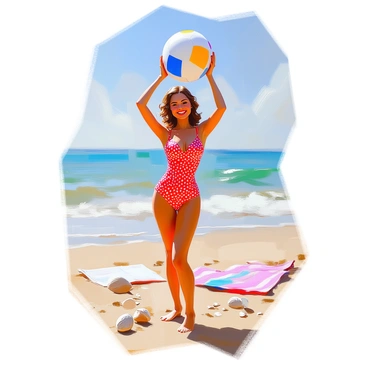 A vintage pin-up model with wavy, shoulder-length hair, wearing a classic red and white polka dot swimsuit, stands confidently on a sandy beach. She smiles playfully while holding a large polka dot beach ball above her head with one hand. The beach stretches out behind her, showcasing gentle waves lapping at the shore and a clear blue sky overhead. Scattered seashells and beach towels are visible on the sand, creating a lively beach atmosphere. Her stance is dynamic, embodying a fun and carefree summer day by the ocean.
