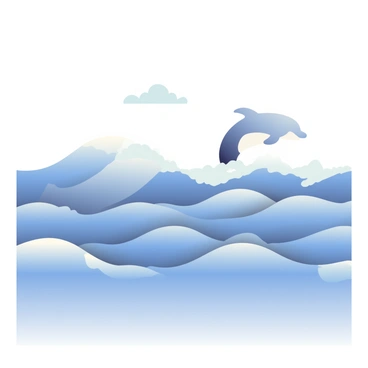 A series of ocean waves gently move across the surface of the water, creating a dynamic pattern. The waves are a deep shade of blue, with white foam forming at their peaks. Subtly embedded within the crest of one wave is the outline of a leaping dolphin, showcasing its graceful arch. The dolphin is mostly in silhouette, with hints of light reflecting off its smooth skin. The sky above is clear, with a soft gradient transitioning from pale blue at the horizon to deeper blue overhead. The scene captures a moment of natural beauty and movement on the ocean.
