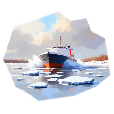 A large tank barge is depicted breaking through icy waters on a cold winter day. The barge is a robust vessel with a dark hull, its bow cutting through a layer of ice, sending shards flying in all directions. The sky is overcast with a palette of muted gray clouds, while patches of blue peek through occasionally. The surface of the water reflects the chilly atmosphere, with floating ice chunks surrounding the barge. In the distance, snow-covered banks line the horizon, and the landscape is barren and desolate, emphasizing the harshness of the winter scene.