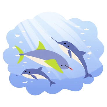 A swordfish with a long, pointed bill swims gracefully alongside a group of playful dolphins. The dolphins, with their sleek bodies and friendly expressions, leap and splash through the clear blue waters. Sunlight filters down, creating sparkling patterns on the surface. The scene captures the dynamic interaction between the swordfish and the dolphins as they swim in harmony, surrounded by gentle waves and marine life.