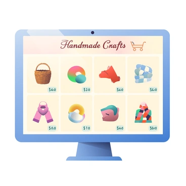 An online shop interface is displayed on a computer screen. The screen shows a grid layout of various handmade crafts for sale. Each item is represented by a clear image, showcasing details like a woven basket, colorful ceramic pottery, and hand-knitted scarves. Below each image, there are small price tags with the text "Price" in bold letters. The background of the interface features a soft beige color to create a warm and inviting atmosphere. A section at the top includes a large banner with the words "Handmade Crafts" in elegant font, drawing attention to the theme of the online store. A shopping cart icon is visible in the upper right corner of the screen.
