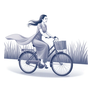 A woman is riding a bicycle. She is wearing a long, flowing Vietnamese ao dai that drapes elegantly around her. The fabric billows softly in the breeze as she cycles along. Her hair flows behind her, creating an impression of motion. The bicycle has a classic design, featuring a curved frame and a wicker basket attached to the front. The landscape around her includes lush greenery and rice fields, adding depth to the scene. The woman's expression reflects joy and freedom as she enjoys her ride.