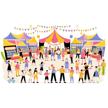 A vibrant festival scene filled with large crowds of people enjoying various activities. Colorful tents line the area, each representing different food stalls offering a variety of dishes. People are seen smiling and laughing as they taste different foods, some holding plates or cups. In the center, a stage showcases lively performances, featuring musicians playing instruments and dancers entertaining the audience. Colorful banners and decorations hang above, adding to the festive atmosphere. Balloons float in the air, and children can be seen running and playing. The overall scene is bustling with energy and excitement.