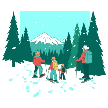 A teal group of snowshoers is exploring a snowy forest trail in Hokkaido. The snow-covered ground is dotted with footprints from their snowshoes, leading deeper into the forest. Tall evergreen trees with white snow on their branches surround the trail, creating a picturesque winter scene. In the background, snow-capped mountains can be seen peeking through the trees. Each snowshoer is dressed in colorful winter gear, with some wearing bright orange hats and others in vivid red jackets. The atmosphere is filled with the quiet of nature, with soft snowflakes gently falling from the sky.