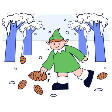 An elf with pointed ears and dressed in a green tunic is collecting pine cones in a snowy forest. The elf has a cheerful expression as they bend down to pick up a large pine cone lying on the ground. Snow covers the ground and clings to the branches of the pine trees surrounding the elf. The scene includes several pine cones scattered around, along with soft, gentle snowfall falling from the sky.