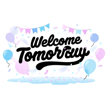 A vibrant scene filled with brightly colored balloons floating in the air. Various shapes and sizes of balloons are scattered throughout the space, creating a festive atmosphere. Colorful confetti is falling gently from above, adding dynamic movement to the scene. In the background, there are decorative banners with "Welcome Tomorrow" written in bold letters. The ground is covered with a layer of confetti, enhancing the lively celebration feeling.
