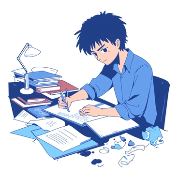 Ayanokoji, a young man with short black hair and a serious expression, is sitting at a cluttered desk covered with scattered papers, books, and stationery. He is focused intently on writing notes in a white notebook with a blue pen. The light from a small desk lamp casts a soft glow over the scene, highlighting the various items around him, including a stack of textbooks and a half-empty coffee cup. A few crumpled papers are visible, adding to the sense of organized chaos on the desk.
