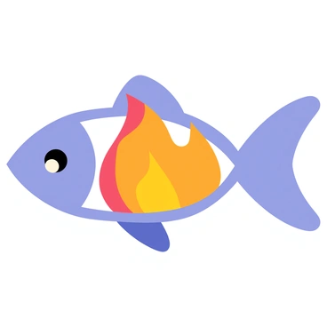 A fish shape with a smooth, flowing outline. Inside the fish, there is a bright flame, with gradients of orange, yellow, and red, symbolizing warmth and light. The fish is colored in shades of blue, representing water. The overall design is simple and clean, focusing on the contrast between the blue of the fish and the vibrant flame inside.