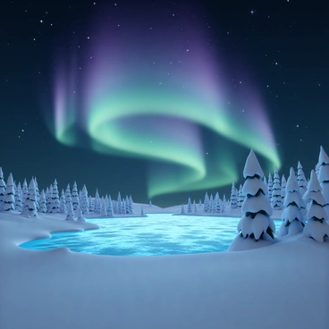 A panoramic view of the night sky illuminated by the "aurora borealis," showcasing vibrant colors of green, purple, and blue swirling and dancing across the celestial dome. Below this spectacular display, a "frozen lake" reflects the brilliant hues of the aurora, with ice glistening in the light. Surrounding the lake, "snow-covered trees" stand tall, their branches weighed down by fresh snowfall. The landscape is serene, with the stillness of the winter night adding to the beauty of the scene.