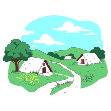 A white rural landscape features several traditional mud houses with thatched roofs nestled among green rolling hills. The houses are arranged in a row and have small wooden doors and windows. In front of the houses, there are patches of yellow wildflowers blooming in the lush grass. A dirt path winds through the scene, leading towards a clear blue sky filled with fluffy white clouds. A lone tree stands nearby, providing shade to the area.