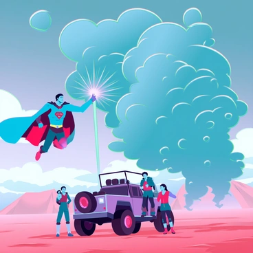 A muscular superhero with a bright blue and red costume is flying through a turbulent sky. The hero has a determined expression, with a flowing cape that billows behind them in the wind. Below, a small group of people is gathered around a rugged desert vehicle, looking up with hope and urgency. The individuals are dressed in dusty clothing, shielding their eyes from the swirling sand. A massive sandstorm is churning on the horizon, filled with ominous, dark clouds and a whirlwind of sand particles. The superhero extends one hand toward the group, creating a beam of light that illuminates the scene, showcasing the urgency of the moment.