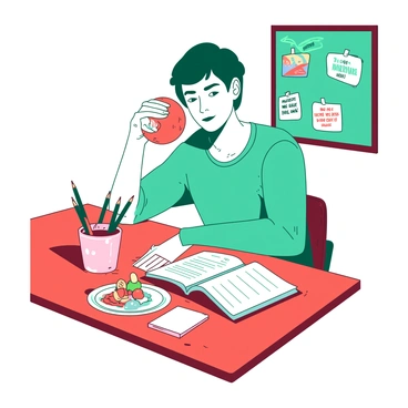A teal student sits in a relaxed position at a vibrant red desk, taking a study break. The student has a focused expression while holding a bright orange stress ball in one hand. On the desk, there is an open notebook filled with notes, alongside a small plate of assorted snacks, including a few colorful fruits. A cup filled with pencils and pens sits nearby, adding to the desk's lively atmosphere. The background features a bulletin board adorned with motivational quotes and colorful drawings.