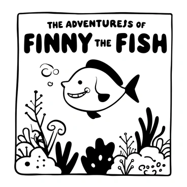 A retro book cover with the words "The Adventures of Finny the Fish" prominently displayed at the top. A cartoon fish with exaggerated features is swimming joyfully in the center, with whimsical bubbles rising around it. Colorful coral and seaweed are illustrated at the bottom, adding depth to the underwater scene. In the background, there are playful sea creatures like a starfish and a friendly octopus peeking from behind rocks. The overall design has a vintage feel with bold, playful typography.