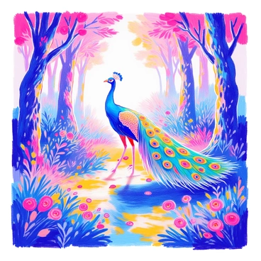 A paon creating a rainbow with its tail feathers in a magical forest