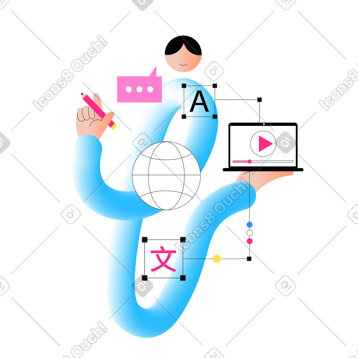 Man learning foreign languages online illustration in Knotty style download in PNG, SVG