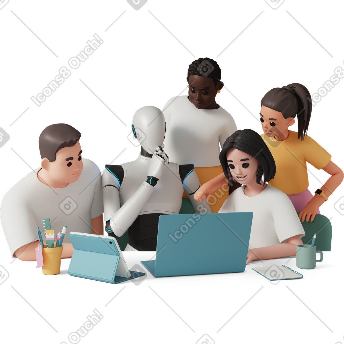 下载 3D Casual life 风格的 Colleagues collaborating with AI robot, Team innovation and cooperation 插画，支持 PNG、SVG 格式