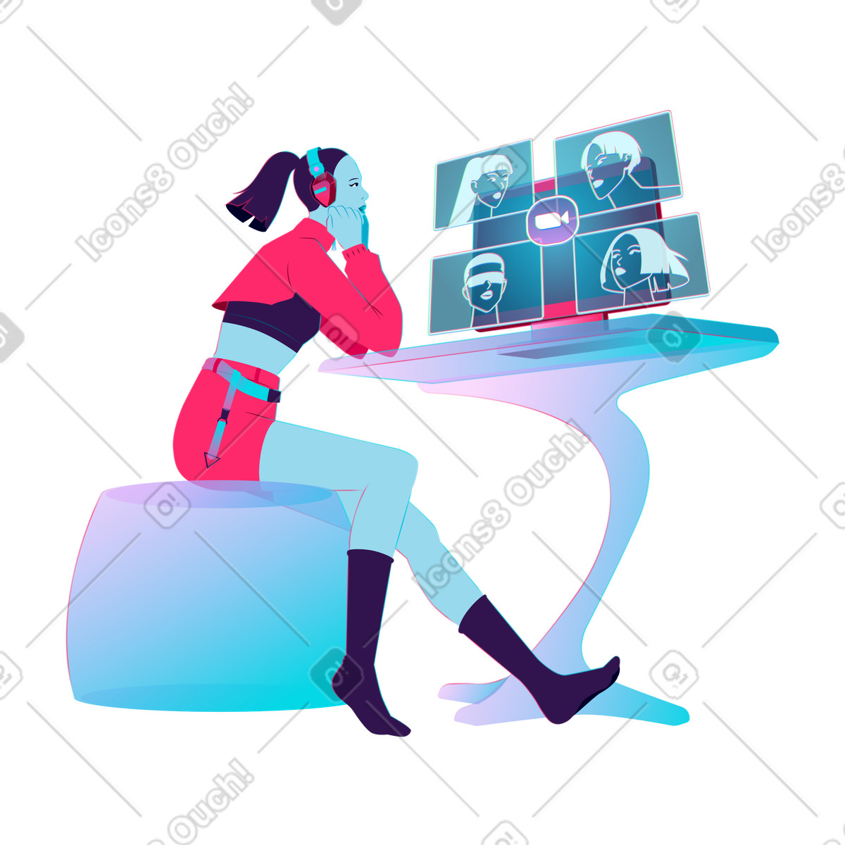 Employee engaging with team during online meeting, virtual office and remote work illustration in Neon style download in PNG, SVG