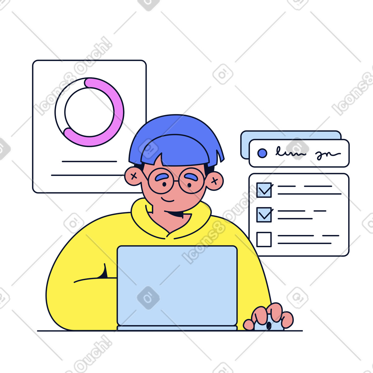 Focused user checking off tasks, Online to-do list tracking illustrazione animata in stile Flexy scaricabile in GIF, Lottie (JSON), AE