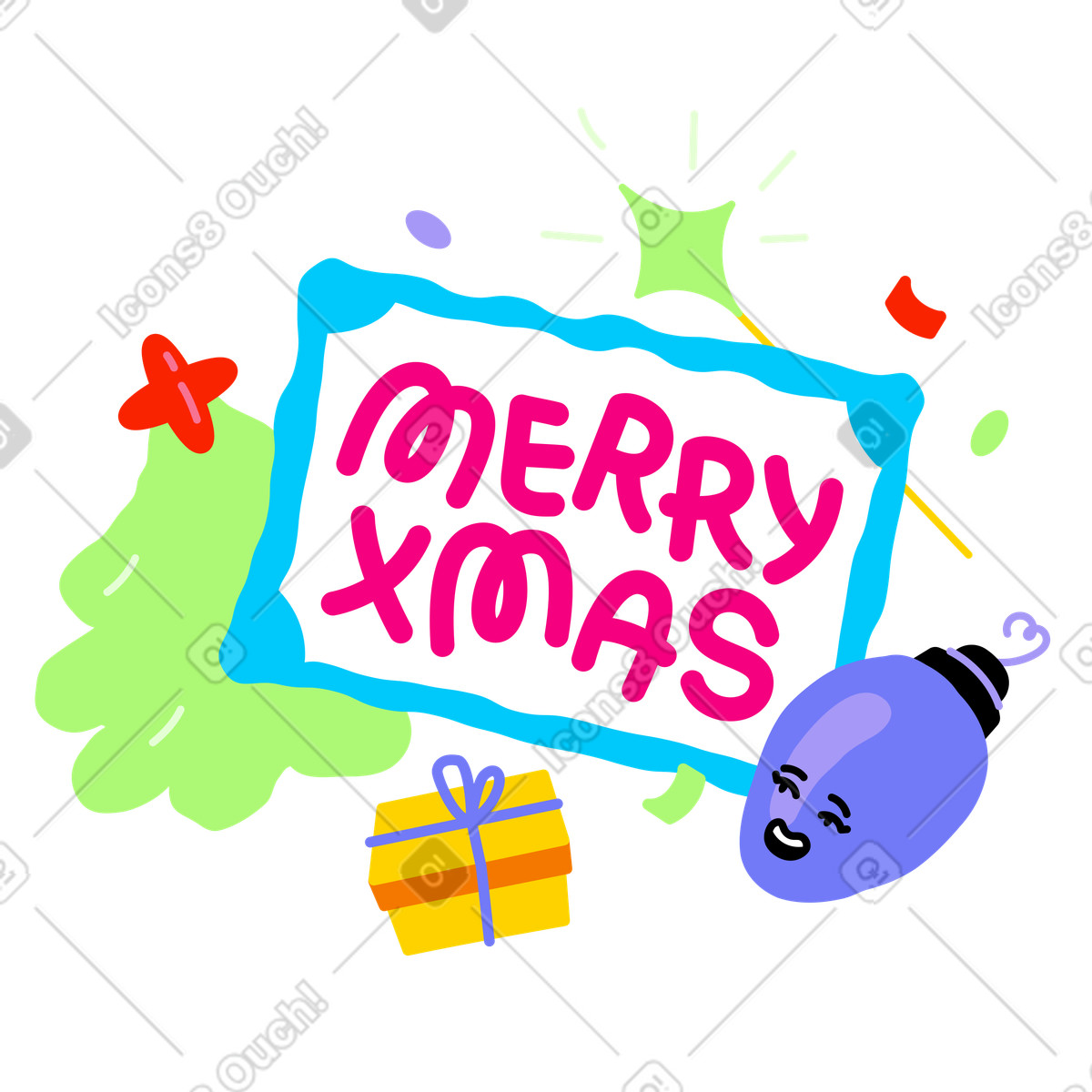 Lettering Merry Xmas with christmas tree and bauble animated illustration in Giggle style download in GIF, Lottie (JSON), AE