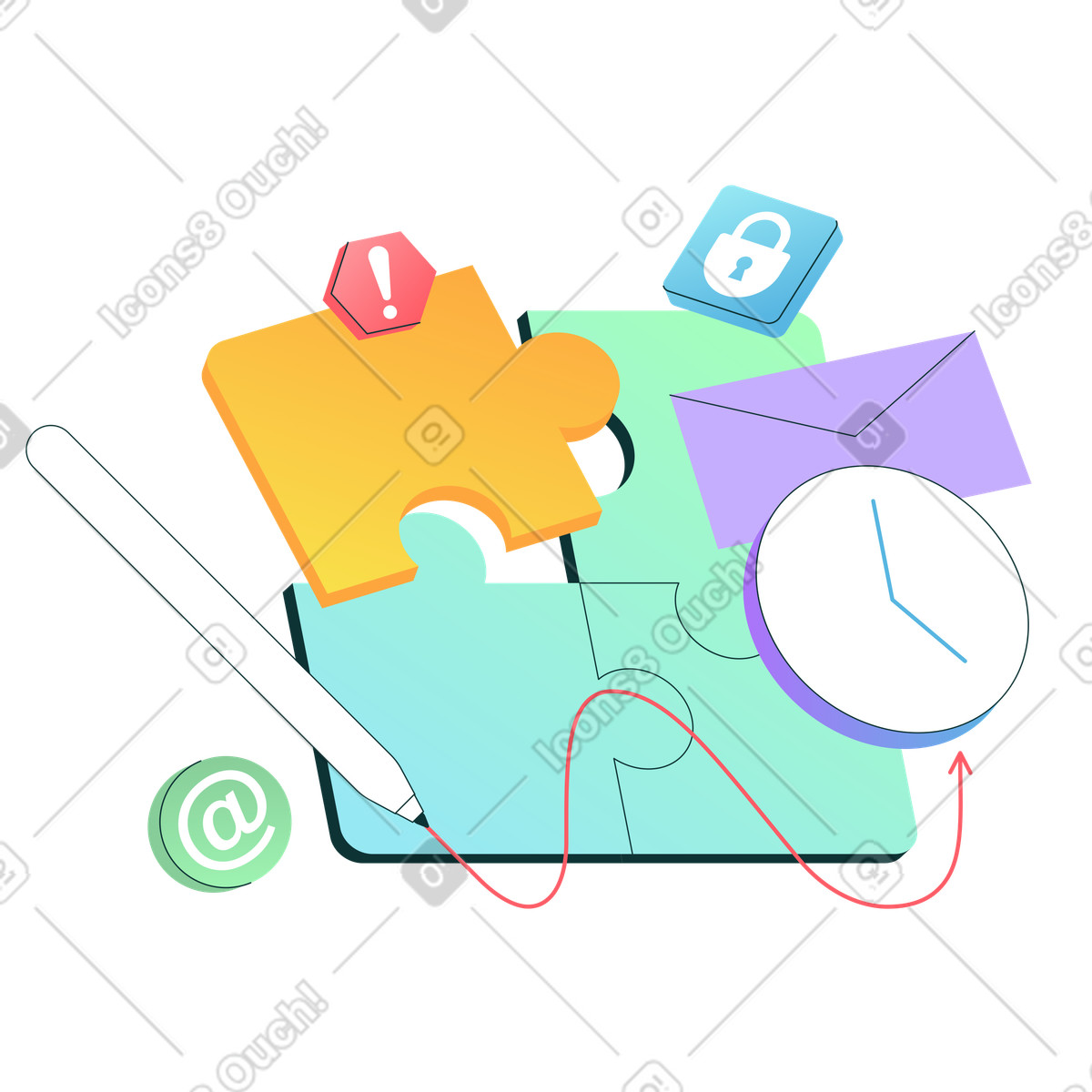 下载 Florid 风格的 Puzzle pieces with clock, envelope, and pen, Workflow planning business management 动画插图，支持 GIF、Lottie （JSON）、AE 格式