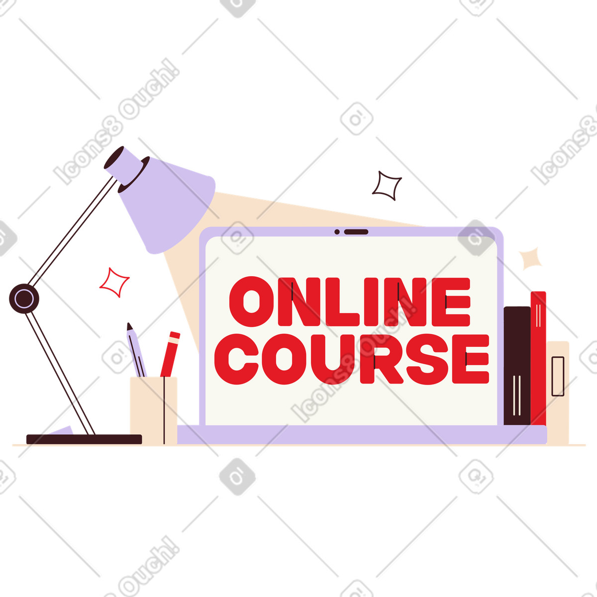 Workspace with online course display, Student learning resources illustration in Folks style download in PNG, SVG