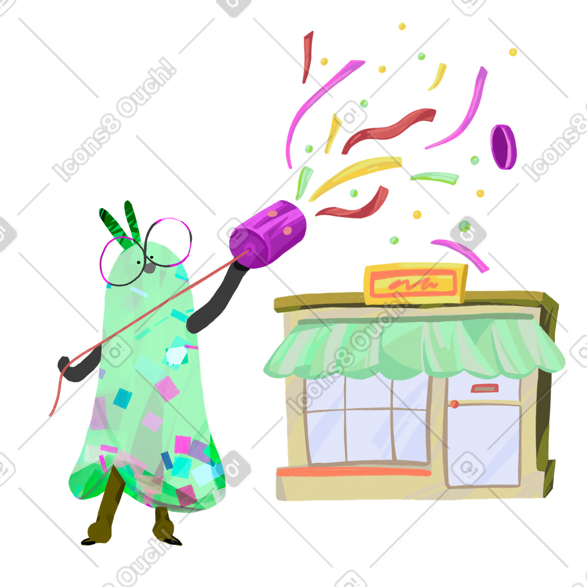 Celebrating new store opening with clapper illustration in Atomic style download in PNG, SVG