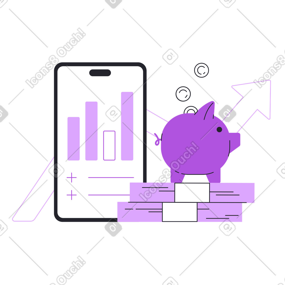 Smartphone con statistiche di crescita finanziaria illustrazione in stile Grapy scarica in PNG, SVG