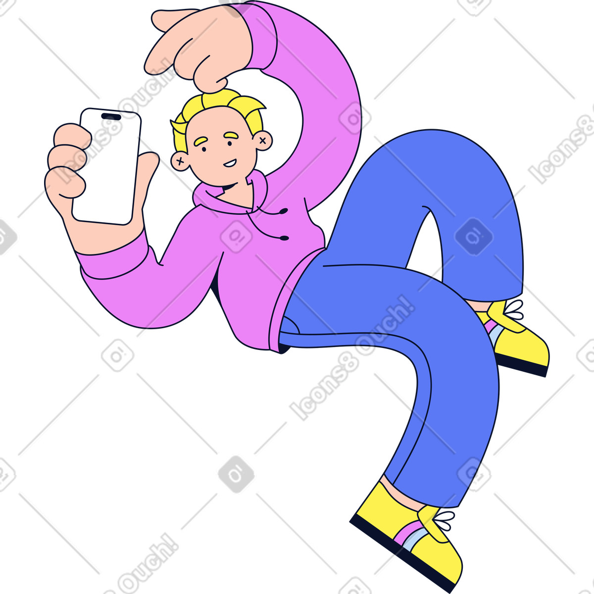 Illustration Un homme tenant téléphone et le pointant du doigt dans style Flexy à télécharger aux formats PNG, SVG