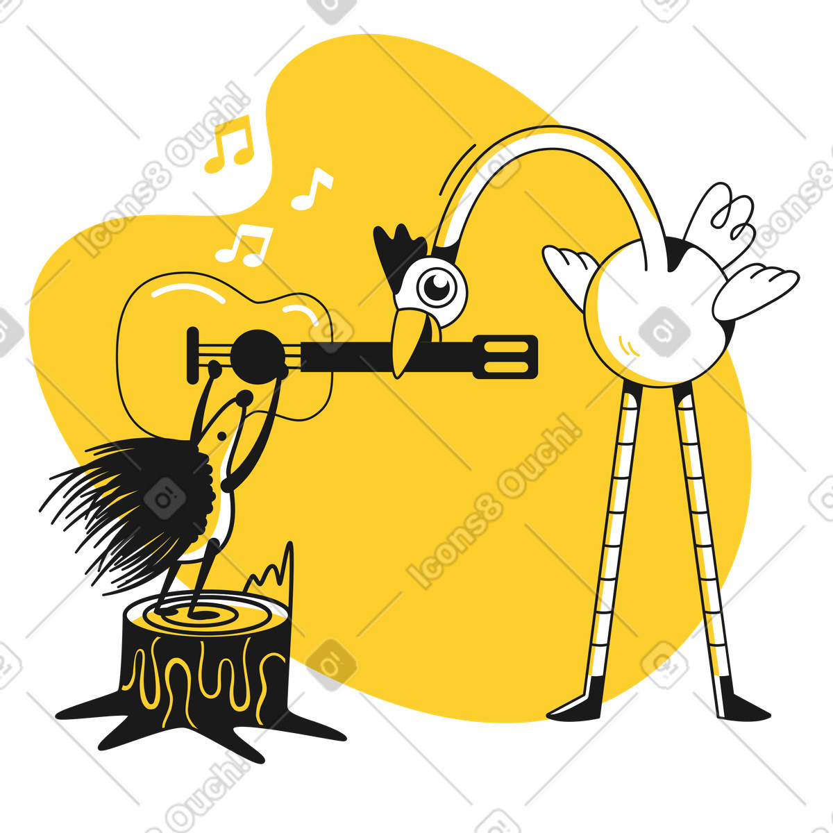Stachelschwein spielt gitarre, unterstützt von großem vogel-Illustration im Taxi-Stil als Download in PNG, SVG