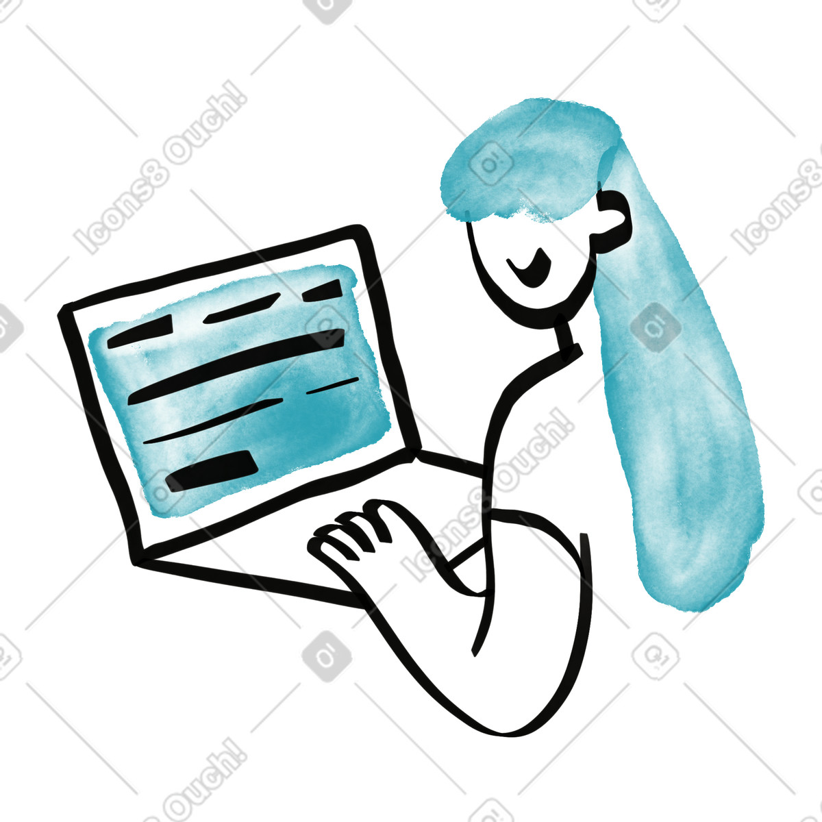 下载 Watercolor sketch 风格的 Remote worker using laptop computer with highlighted text display 插画，支持 PNG、SVG 格式