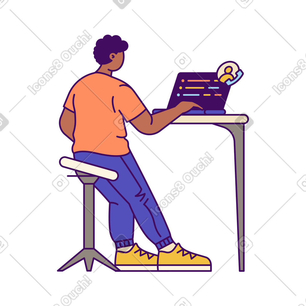 Programmer working at desk with laptop, Remote work and online discussion animated illustration in Simplistic style download in GIF, Lottie (JSON), AE