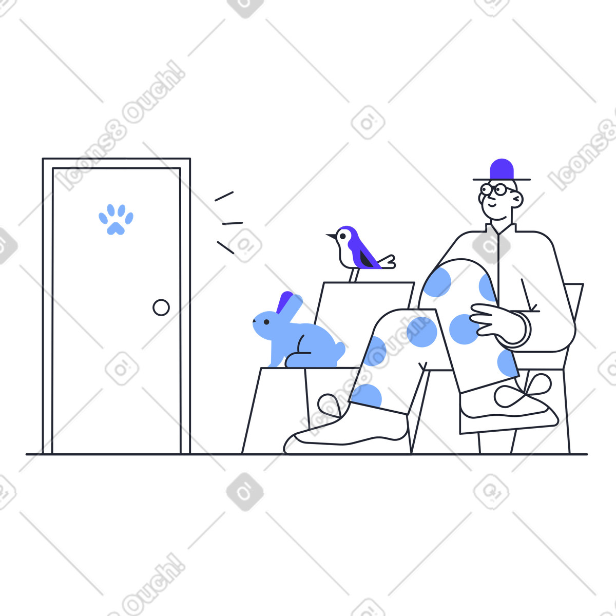 Man waiting at the vet clinic with his pets illustration in PNG, SVG