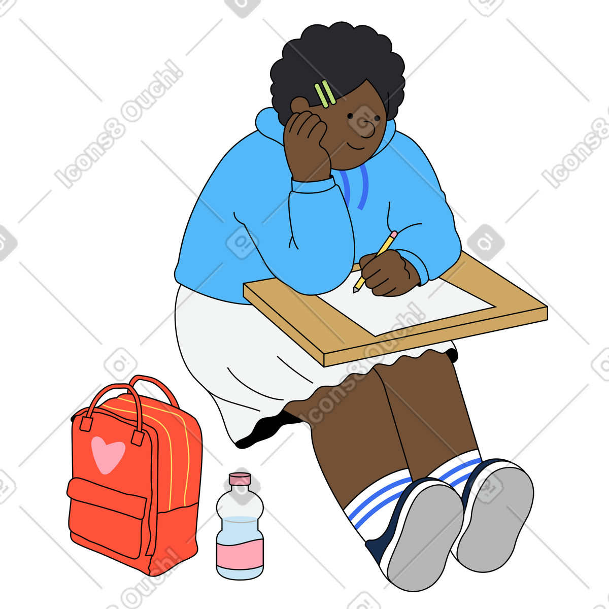 Una giovane donna scrive un test illustrazione in stile Kindy scarica in PNG, SVG