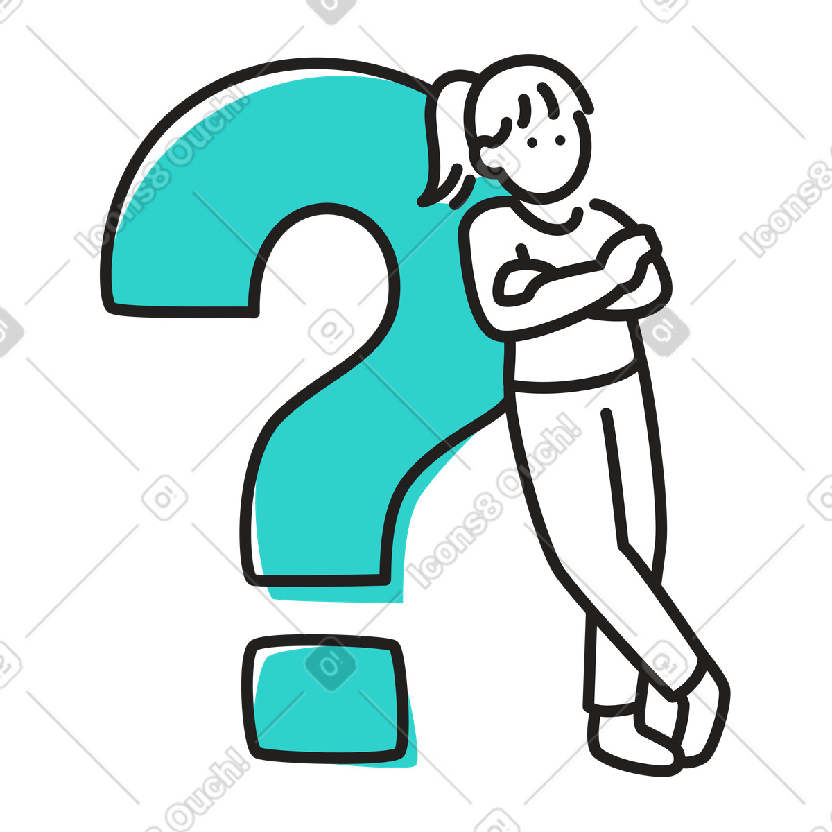 Illustration La femme s'appuie sur un point d'interrogation dans le style Little à télécharger aux formats PNG, SVG