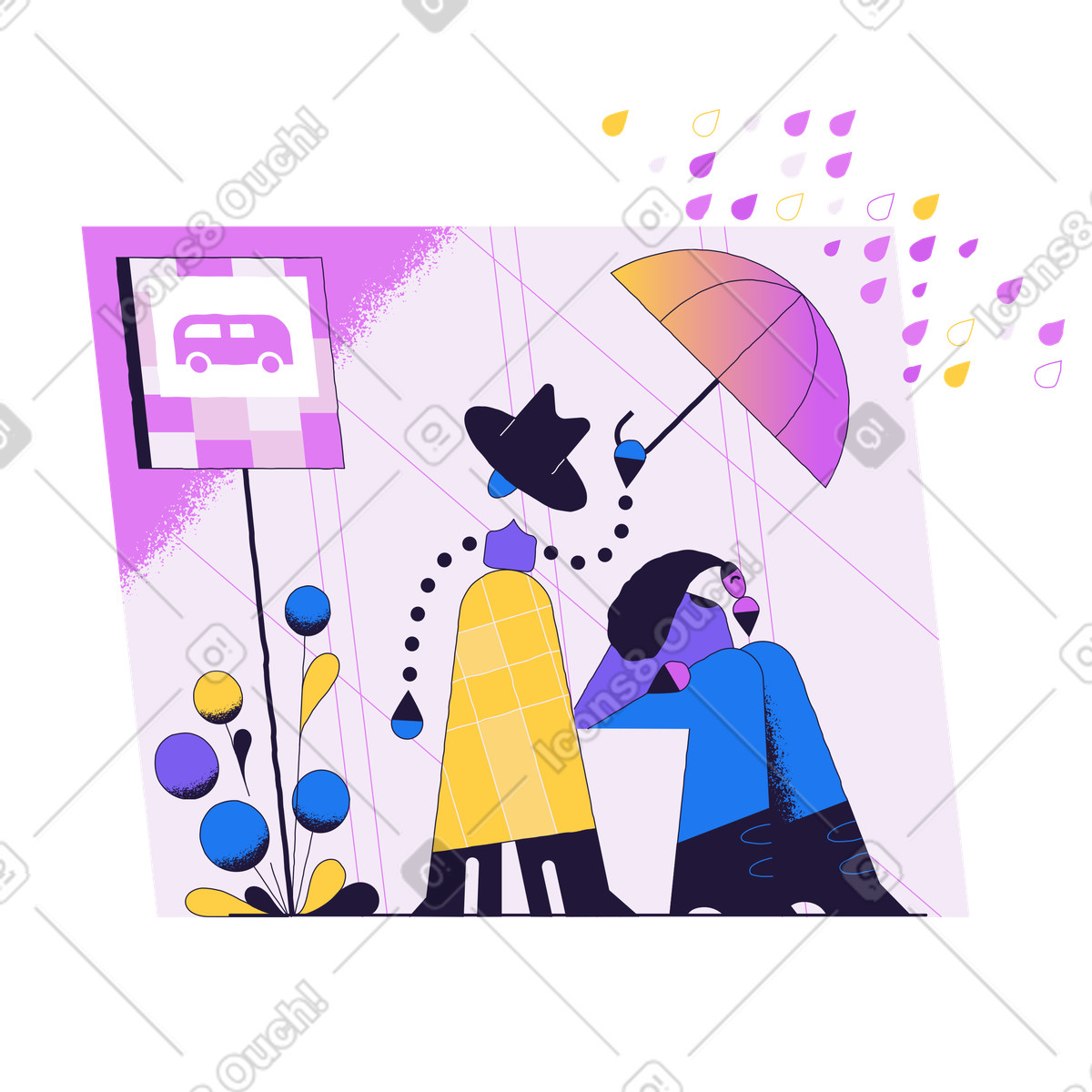 Ilustração de Pessoas esperando no ponto ônibus na chuva em estilo Conifer para baixar em PNG, SVG
