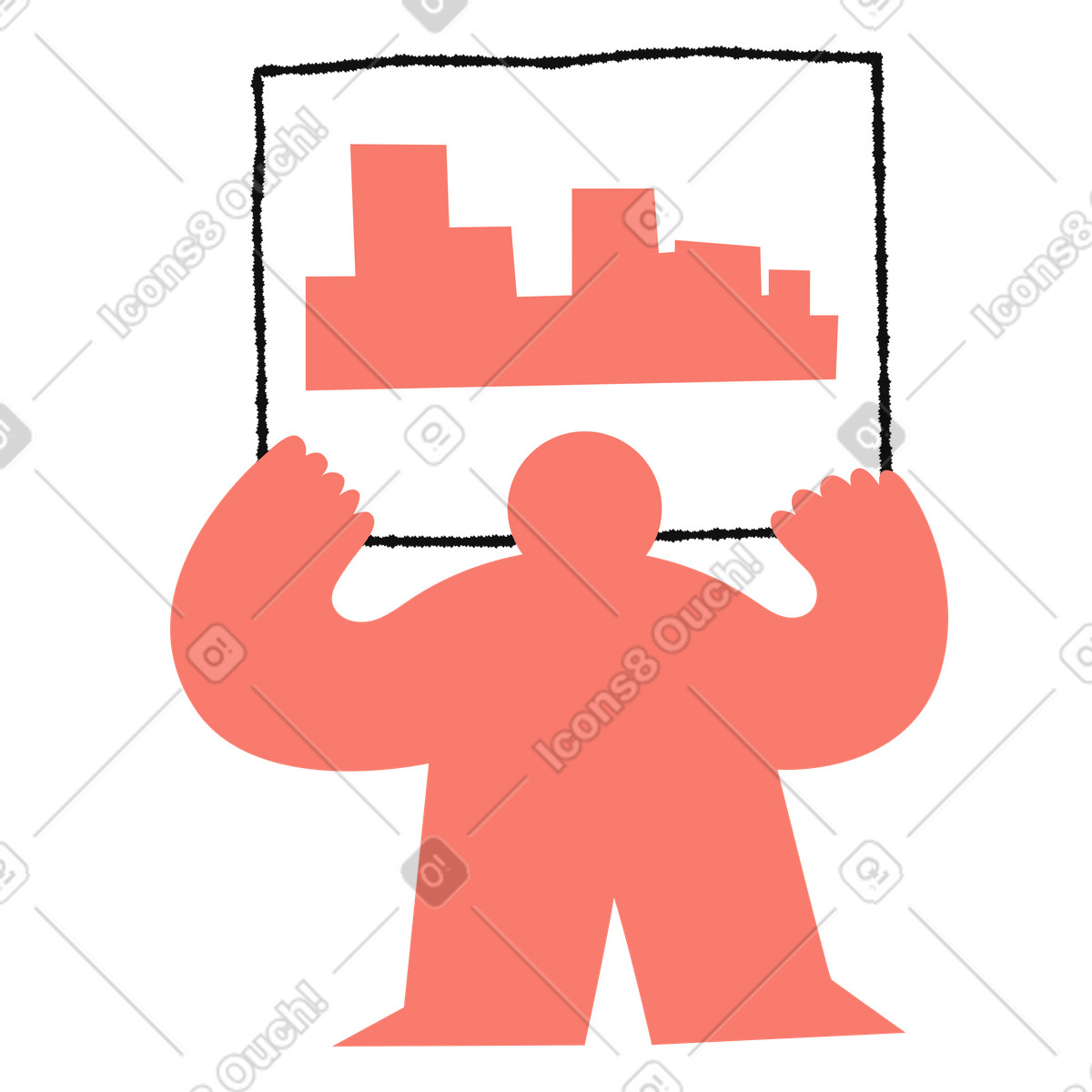 Ilustração de Character holding city skyline poster with strong raised arms silhouette em no estilo Bold People para baixar em PNG, SVG