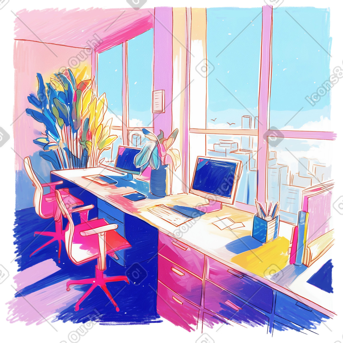 Office workspace with city view illustration in PNG, SVG